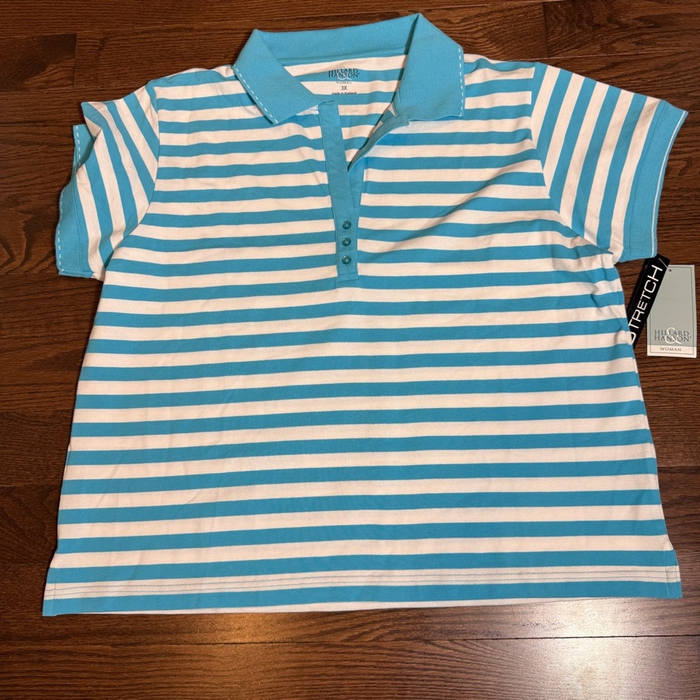 Aqua and White Striped Women Polo Shirt- Short Sleeve- 3X